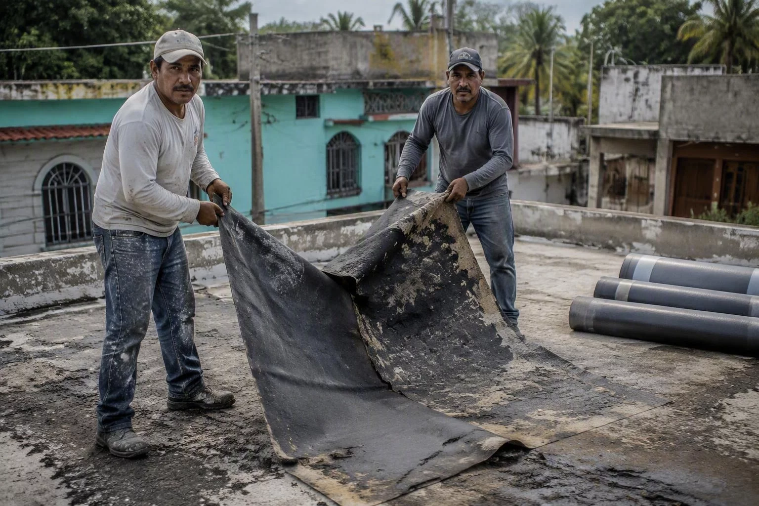 Dos trabajadores levantan una membrana impermeable rota de una azotea de concreto, con rollos de material nuevo al lado