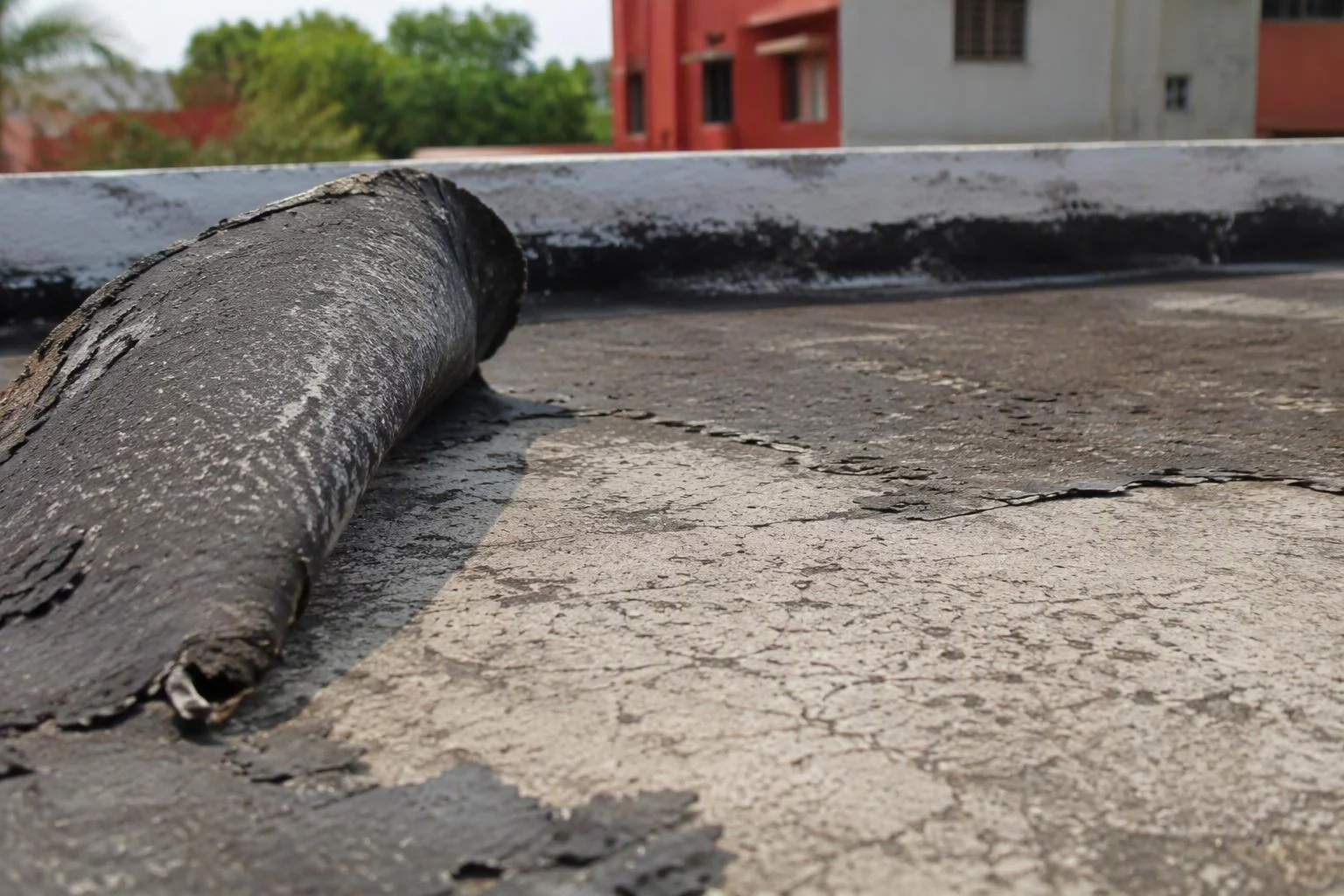 Membrana impermeable vieja levantada que deja ver la losa de concreto desnuda debajo